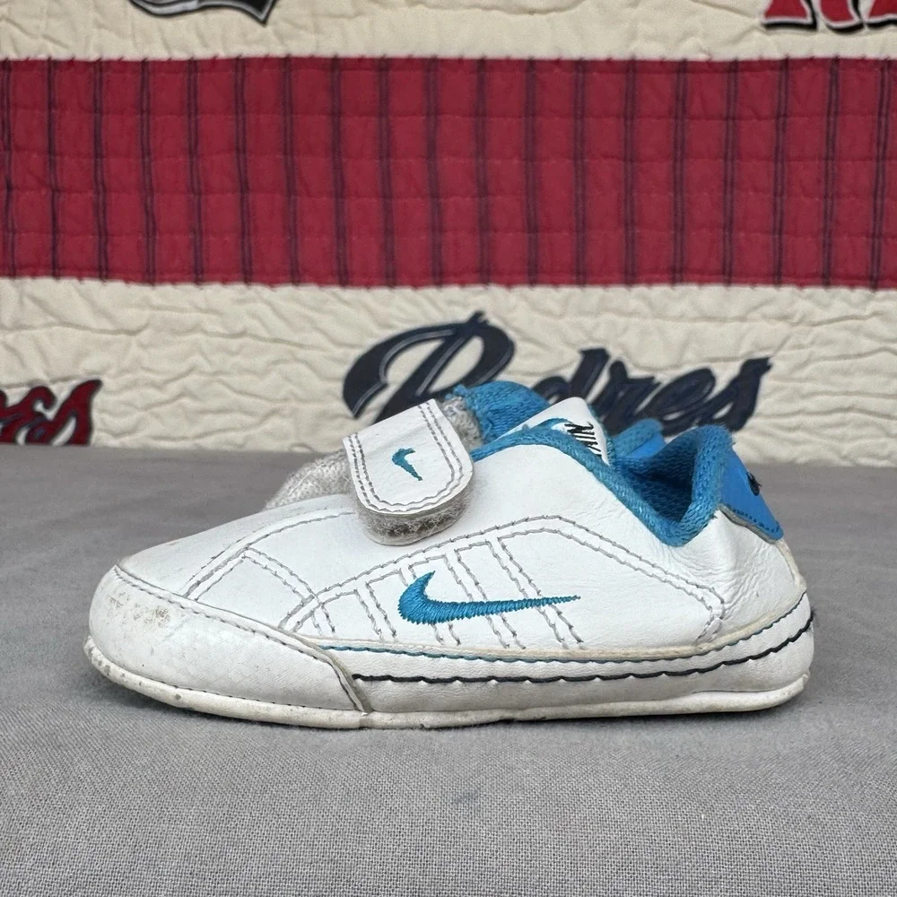 Size 4c - Nike Waffle Crib Shoes Soft Leather Unisex White Blue Infant Baby